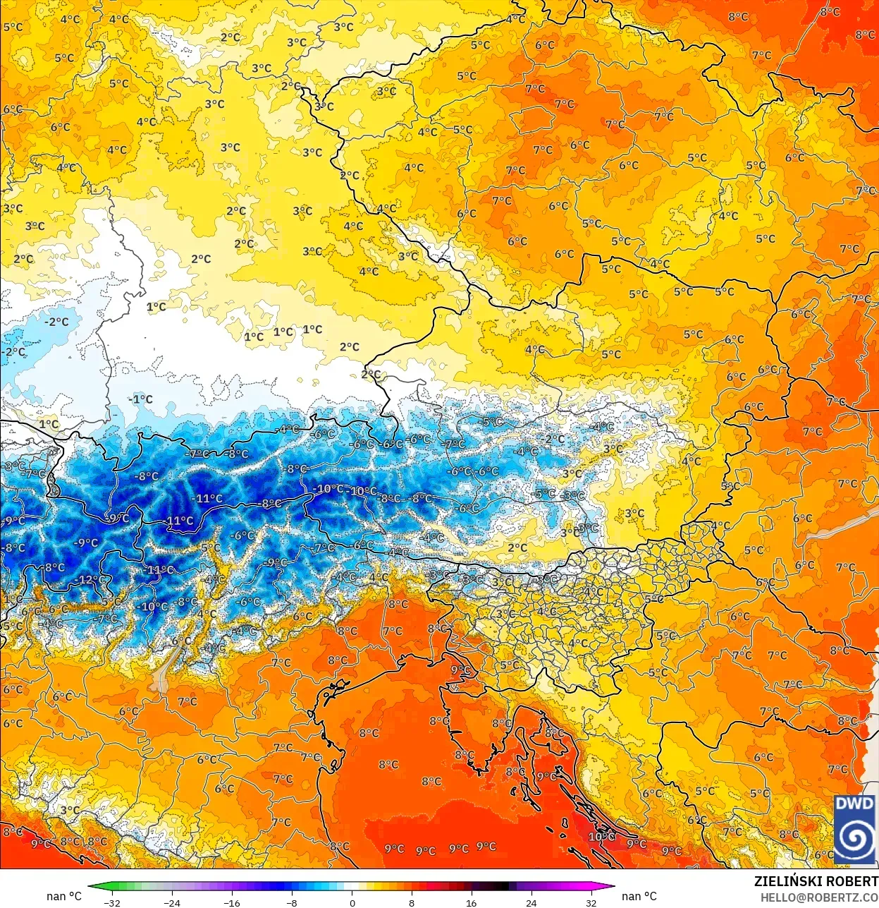 ICON Alemania 2 km modelo - Austria, Anomalía de temperatura a 850 hPa