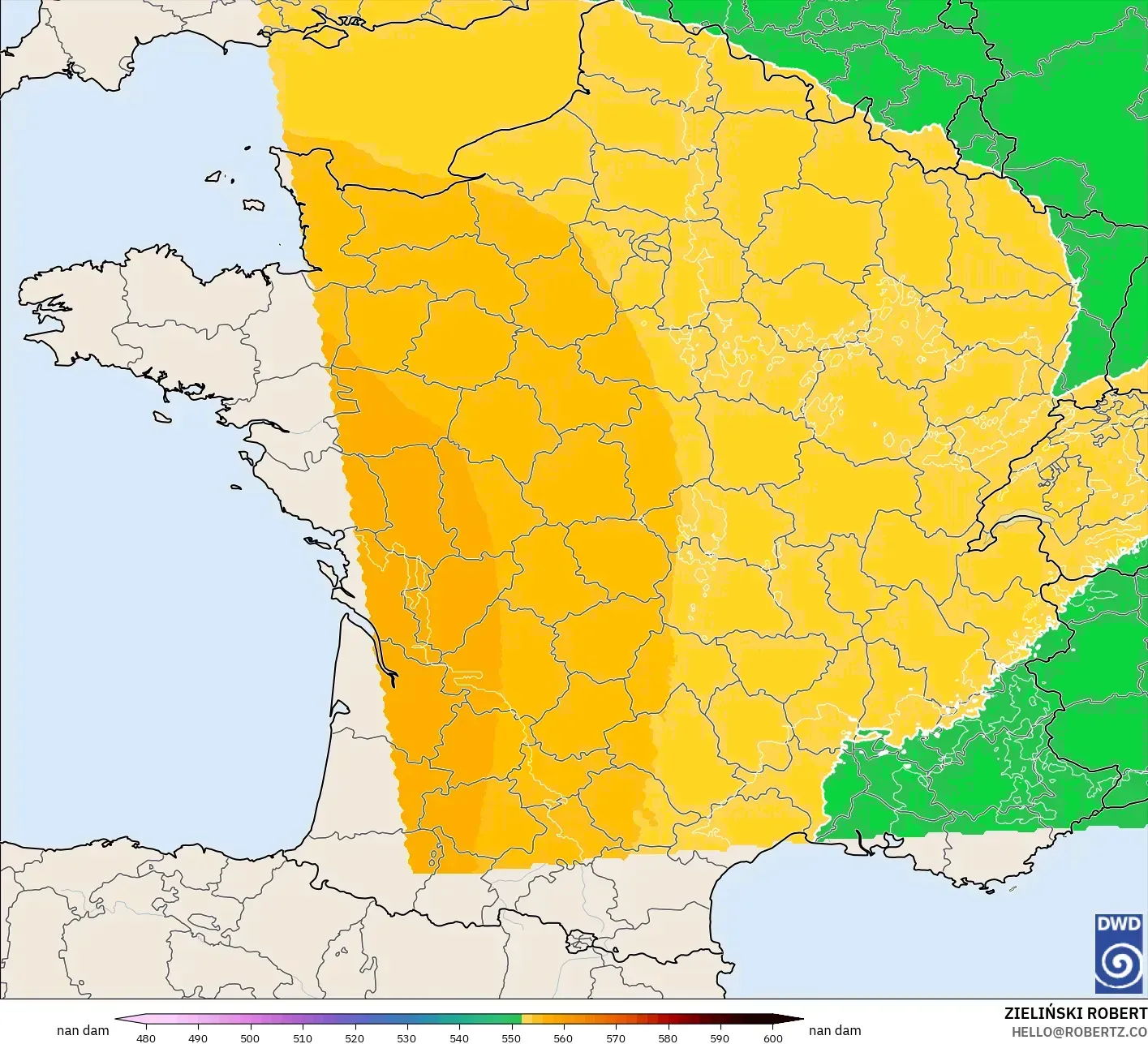 ICON Alemania 2 km modelo - Francia, Altura geopotencial a 500 hPa