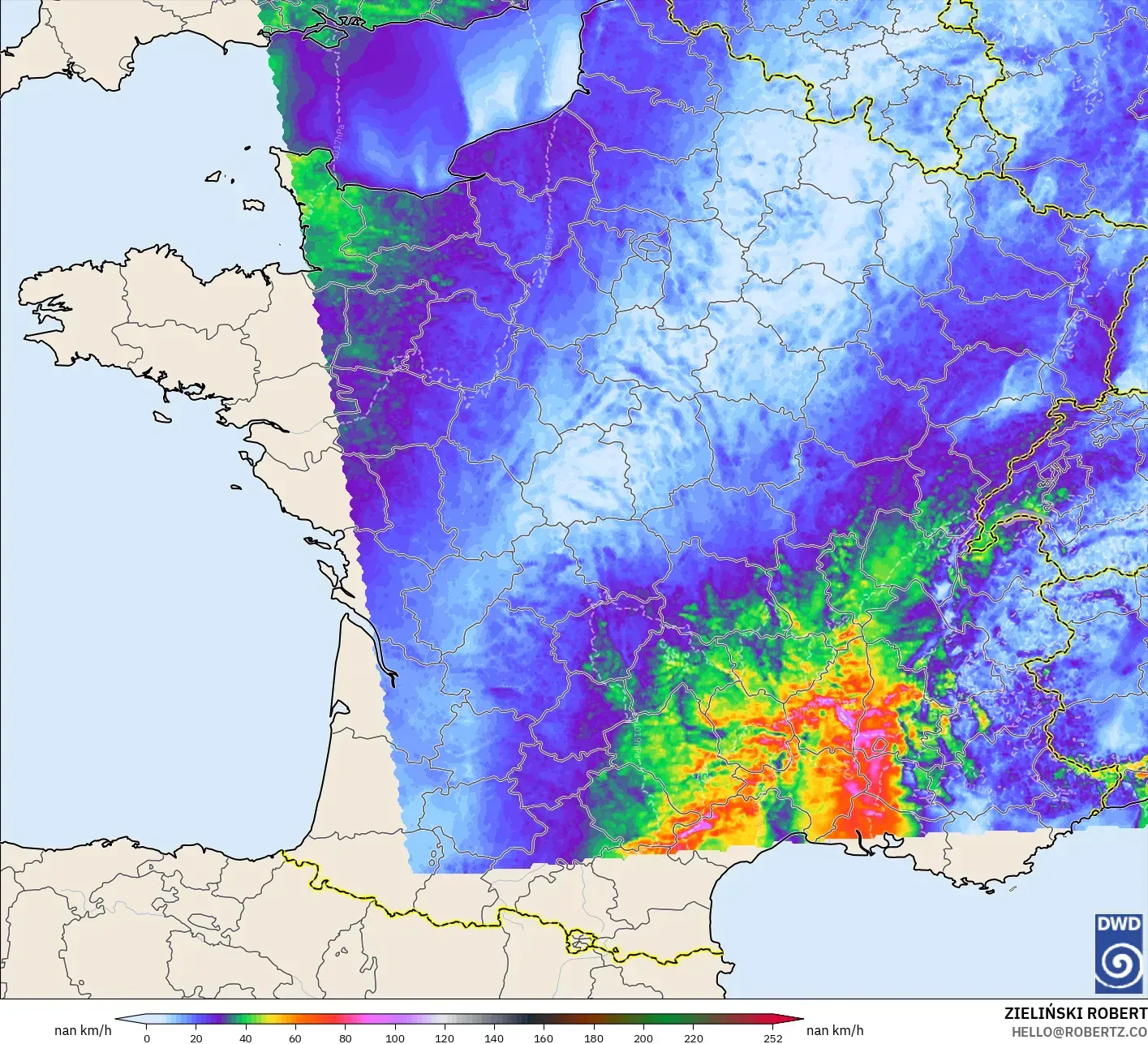 ICON Alemania 2 km modelo - Francia, Ráfagas de Viento Máximas