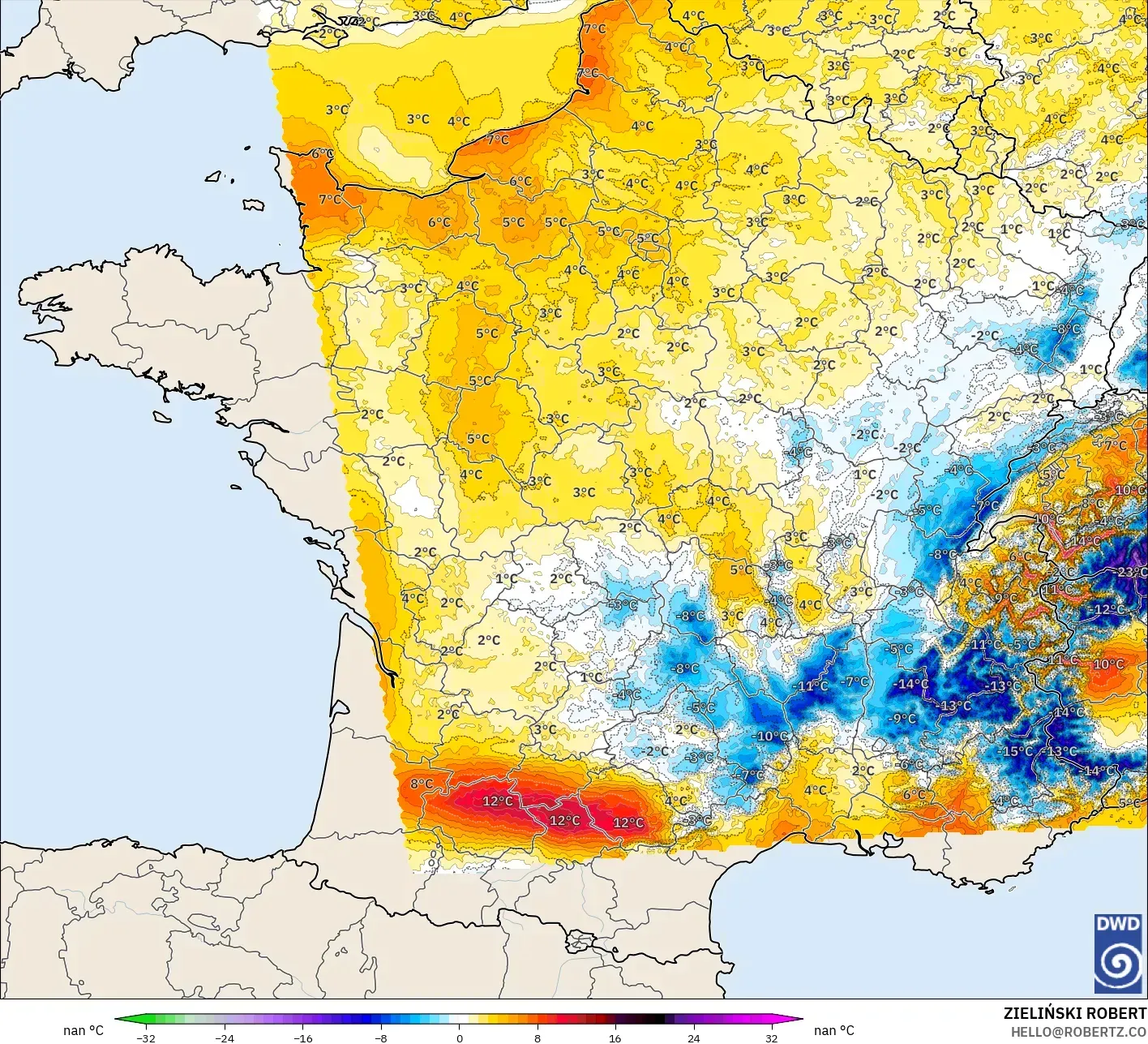 ICON Alemania 2 km modelo - Francia, Anomalía de temperatura a 2 m