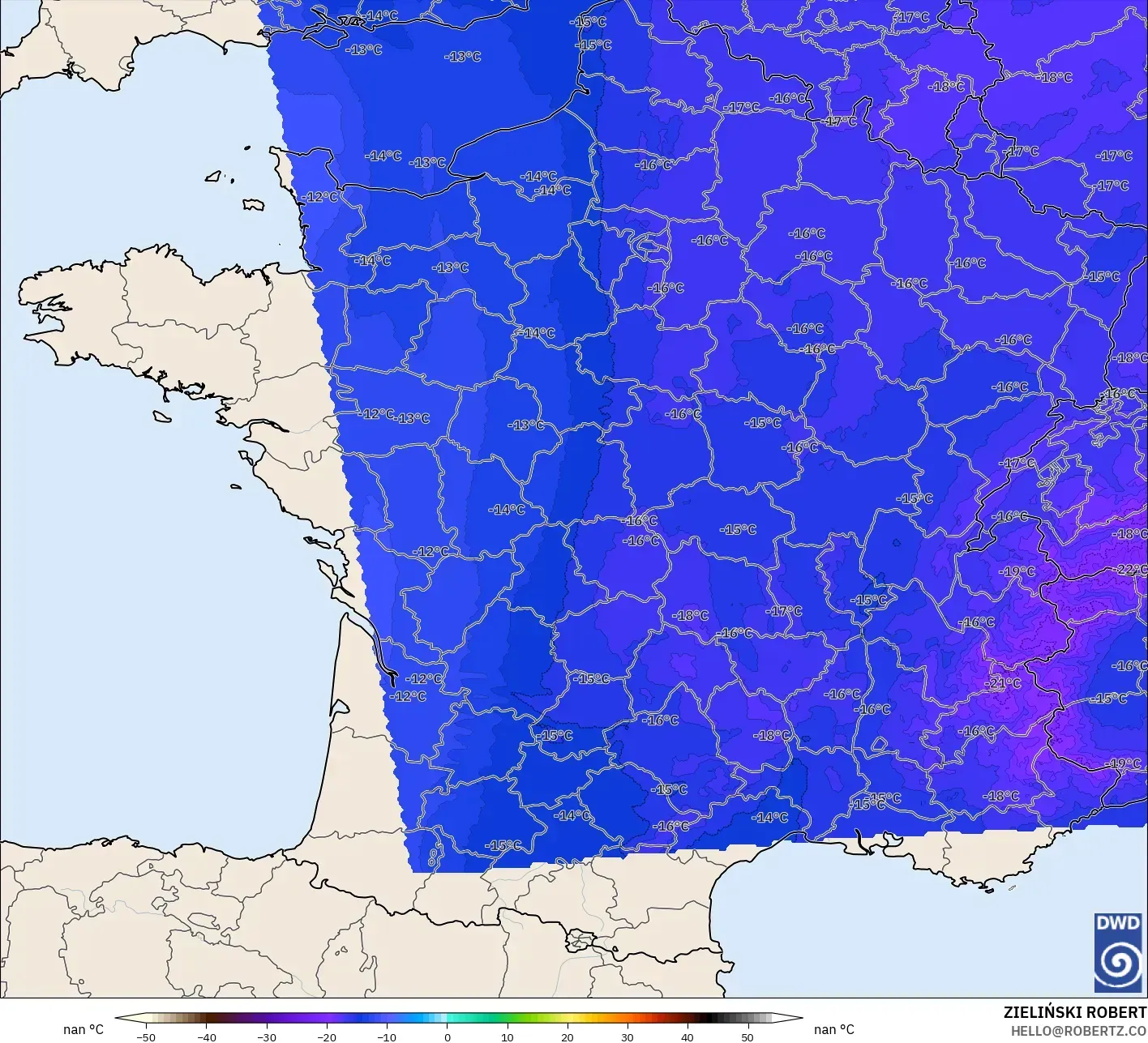 ICON Alemania 2 km modelo - Francia, Temperatura a 500 hPa