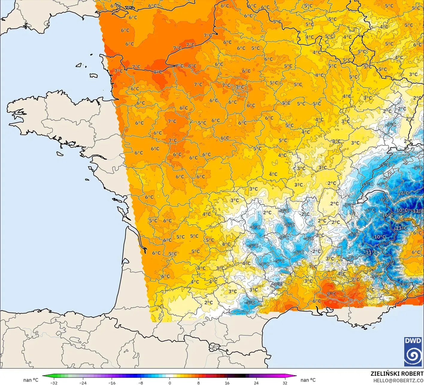ICON Alemania 2 km modelo - Francia, Anomalía de temperatura a 850 hPa