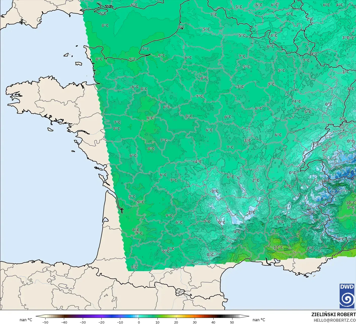 ICON Alemania 2 km modelo - Francia, Temperatura a 850 hPa