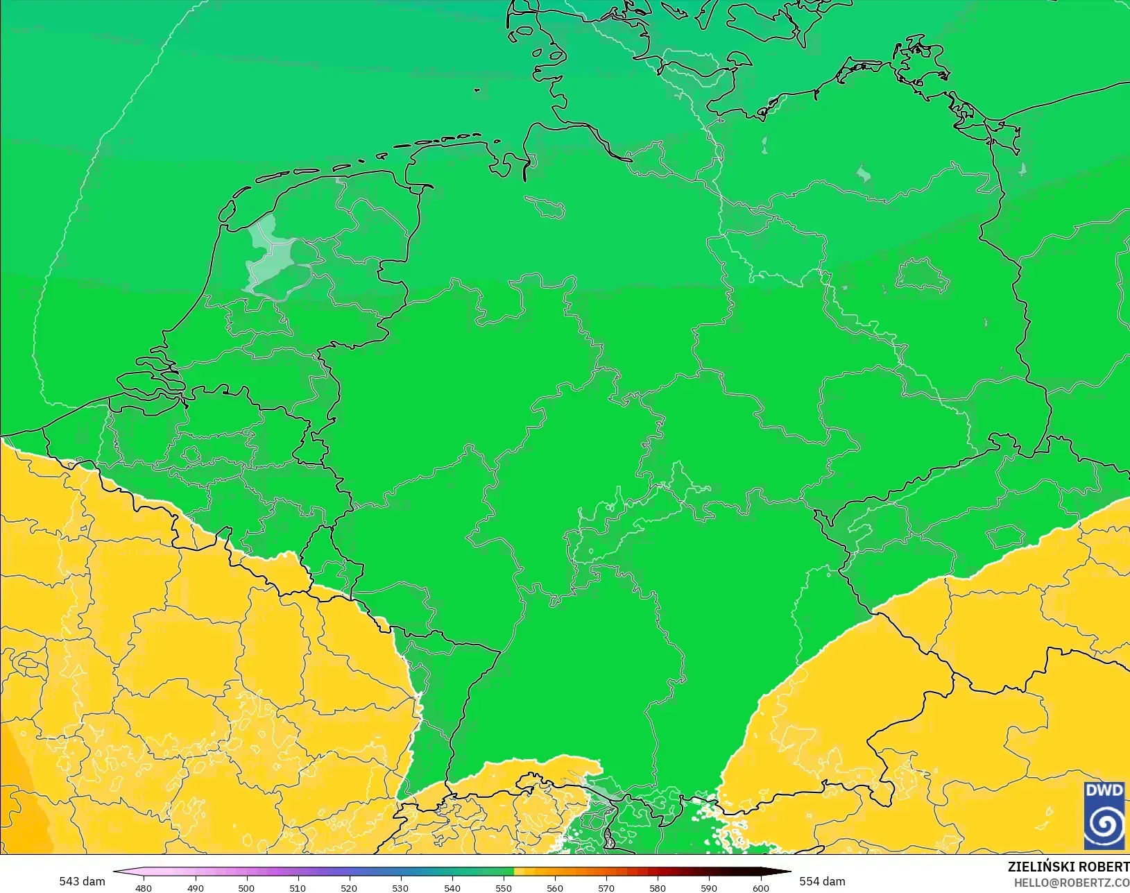 ICON Alemania 2 km modelo - Alemania, Altura geopotencial a 500 hPa