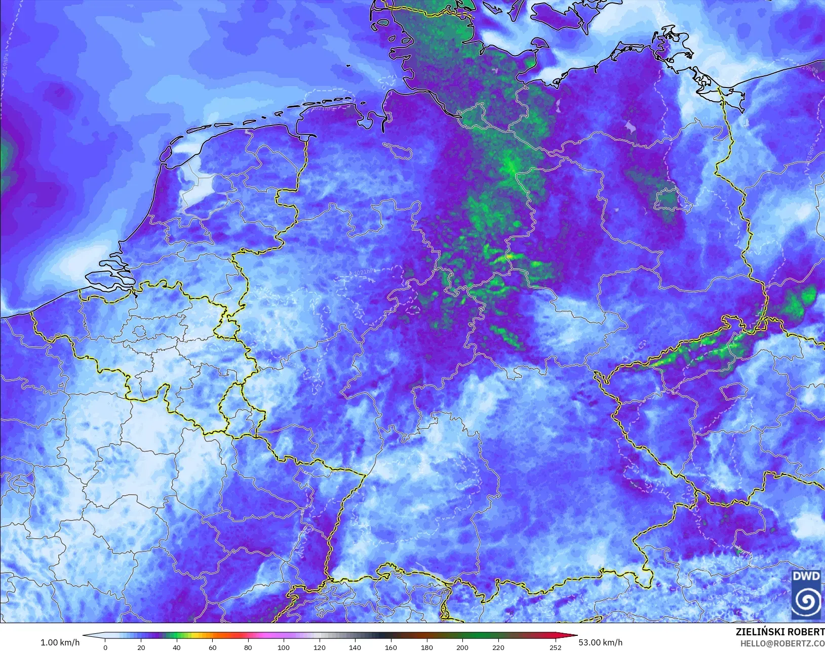ICON Alemania 2 km modelo - Alemania, Ráfagas de Viento Máximas