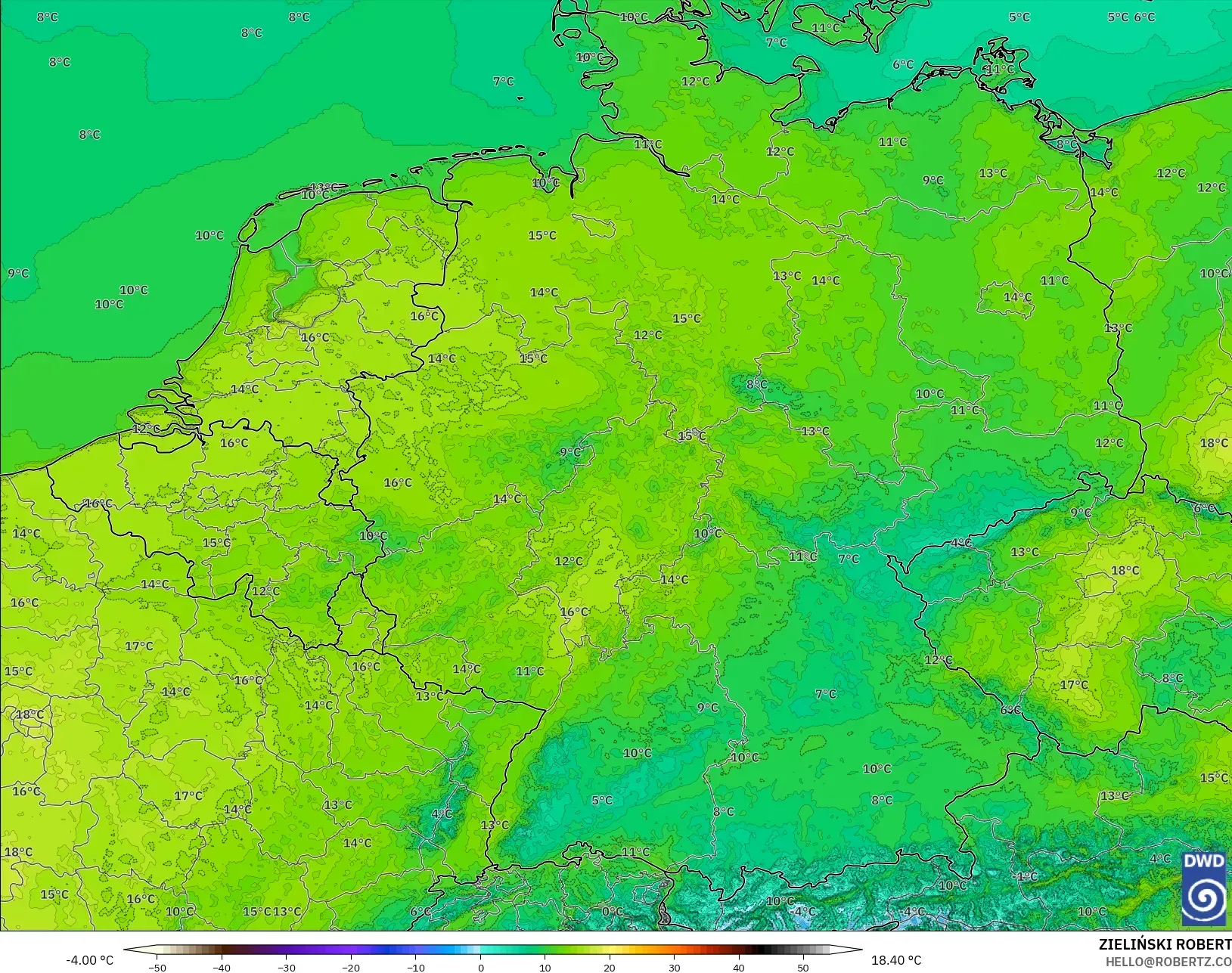 ICON Alemania 2 km modelo - Alemania, Temperatura a 2 m