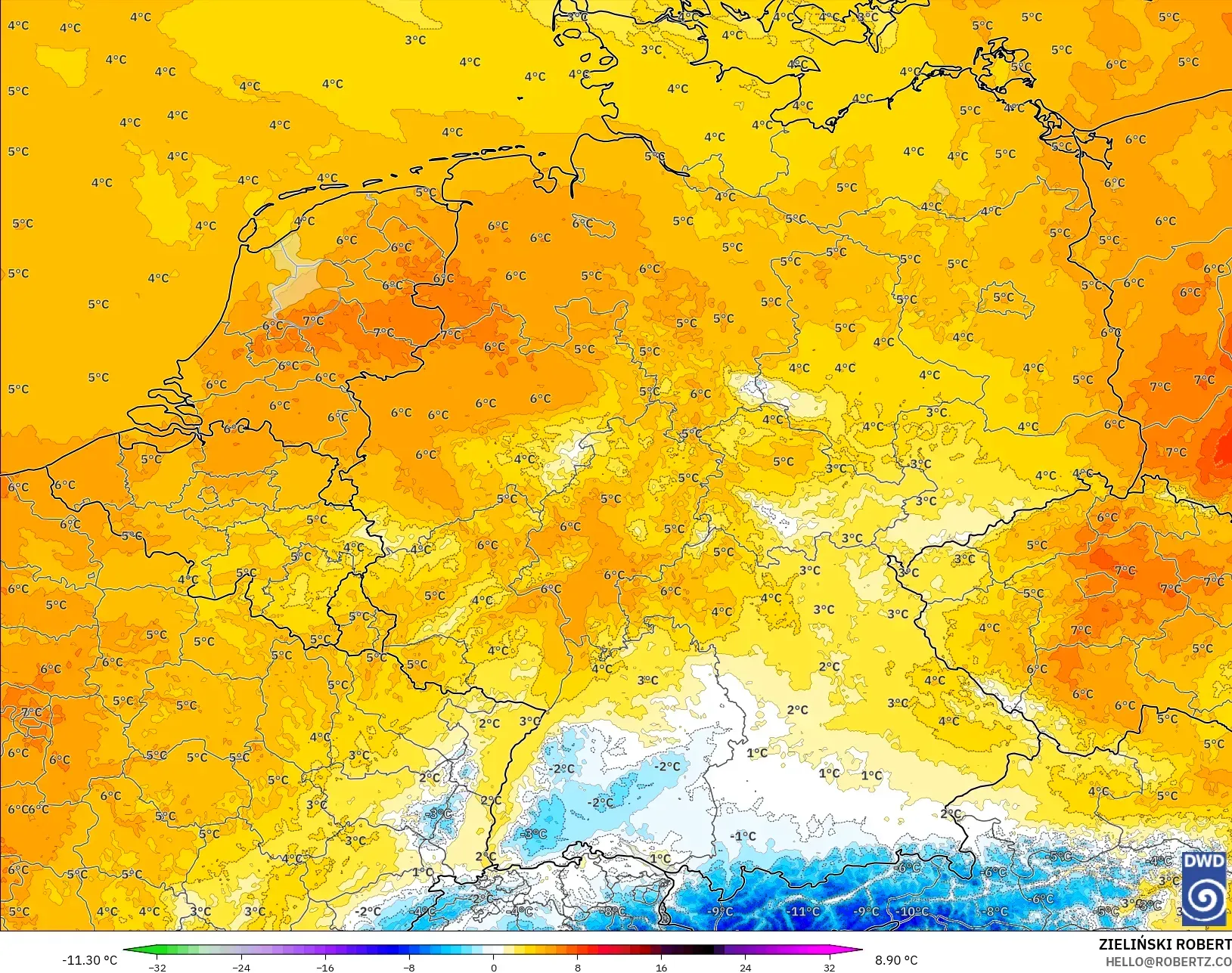 ICON Alemania 2 km modelo - Alemania, Anomalía de temperatura a 850 hPa