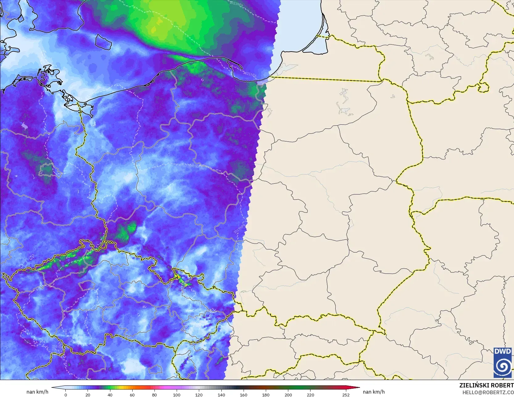 ICON Alemania 2 km modelo - Polonia, Ráfagas de viento