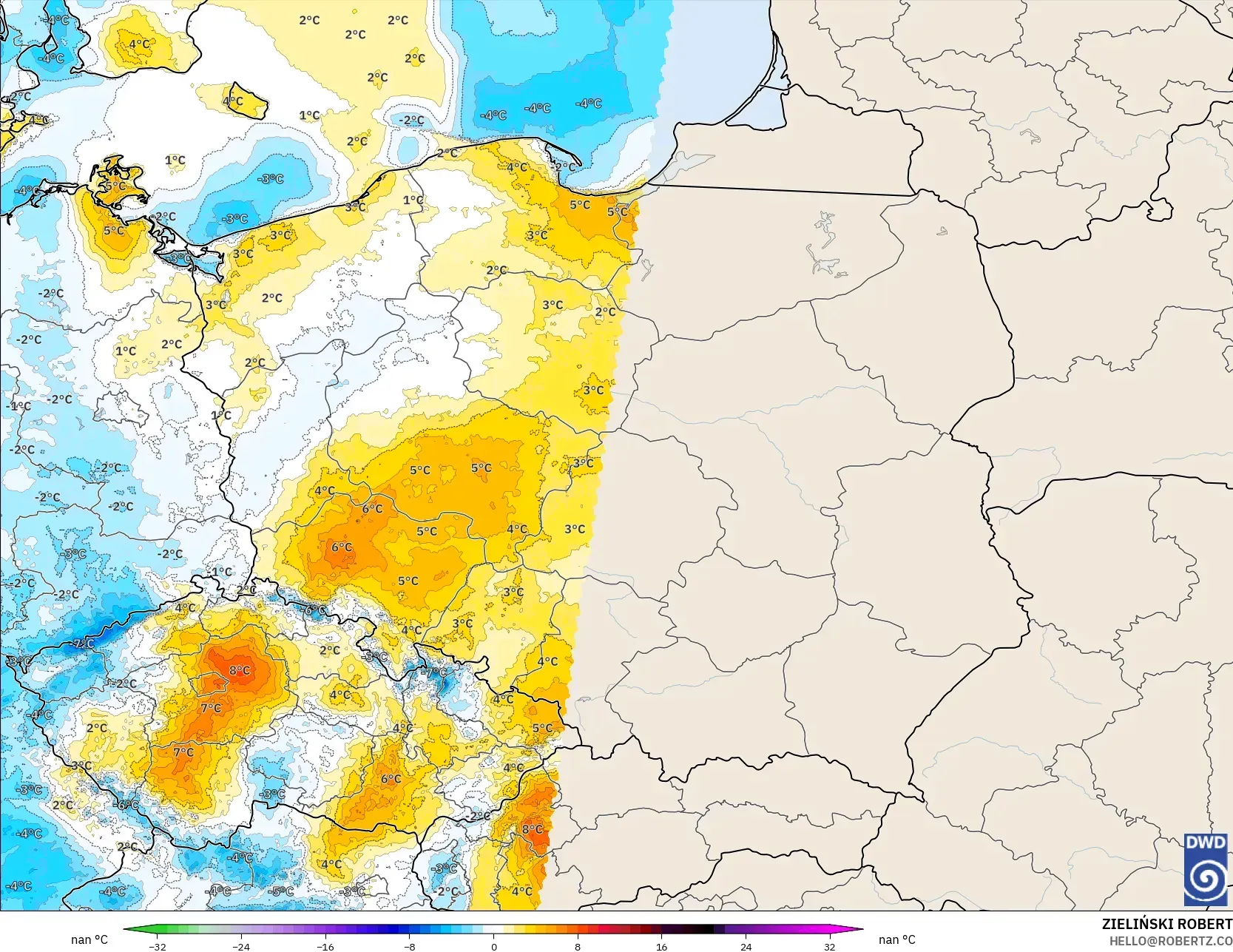 ICON Alemania 2 km modelo - Polonia, Anomalía de temperatura a 2 m