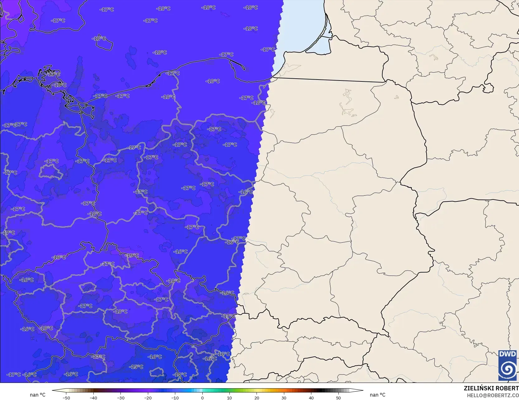 ICON Alemania 2 km modelo - Polonia, Temperatura a 500 hPa