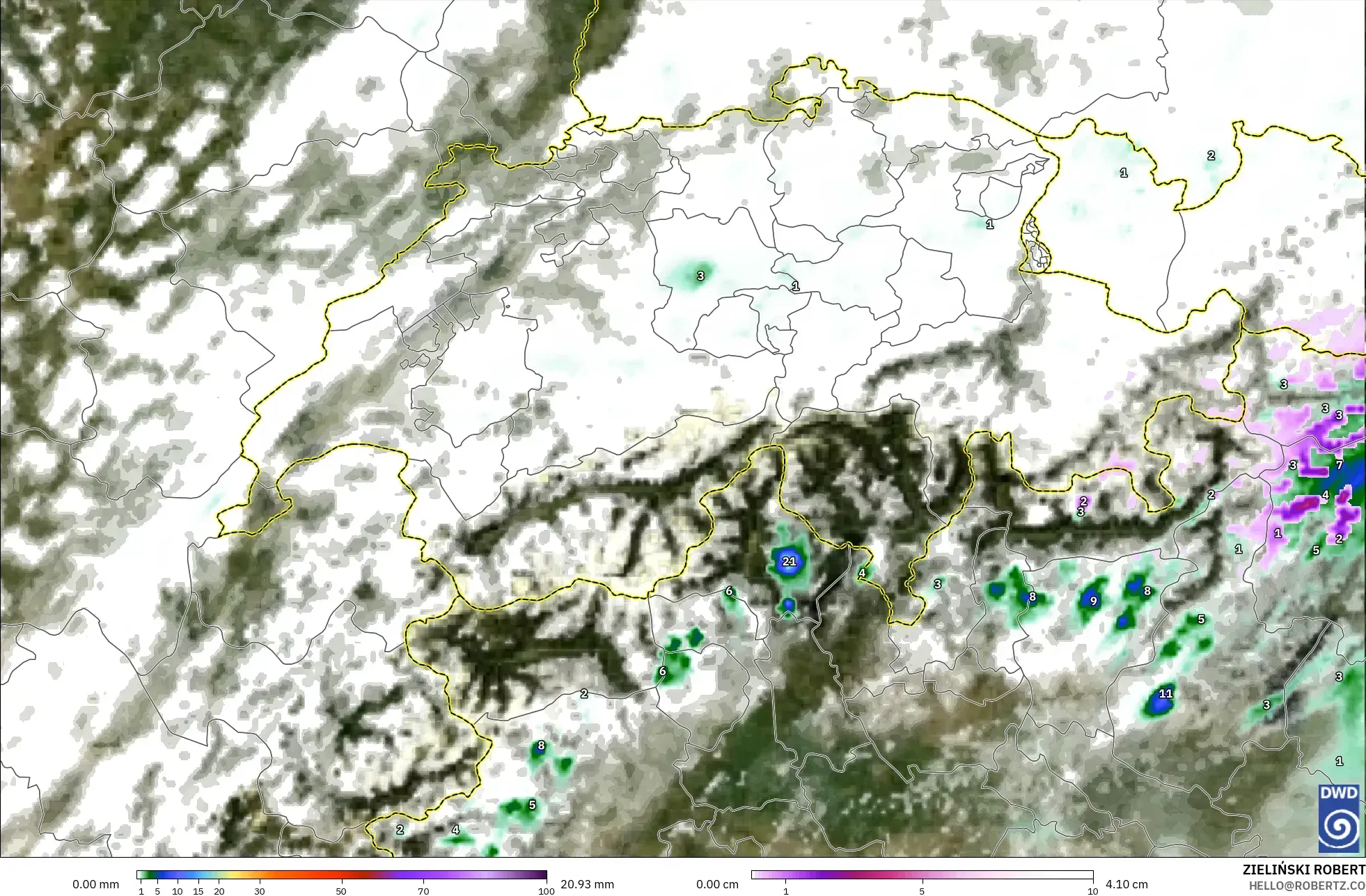 ICON Alemania 2 km modelo - Suiza, Precipitación, nubes y presión