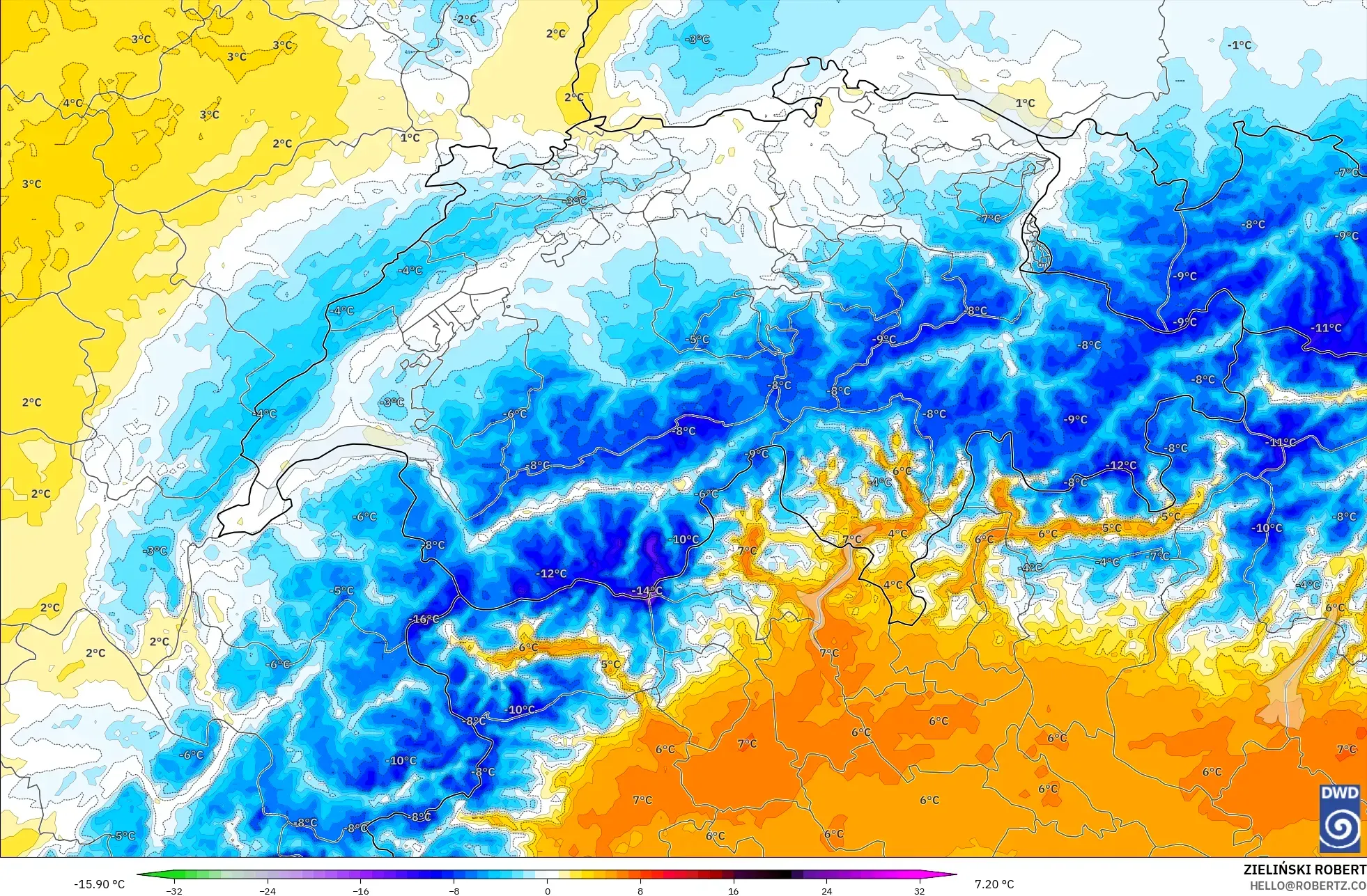ICON Alemania 2 km modelo - Suiza, Anomalía de temperatura a 850 hPa