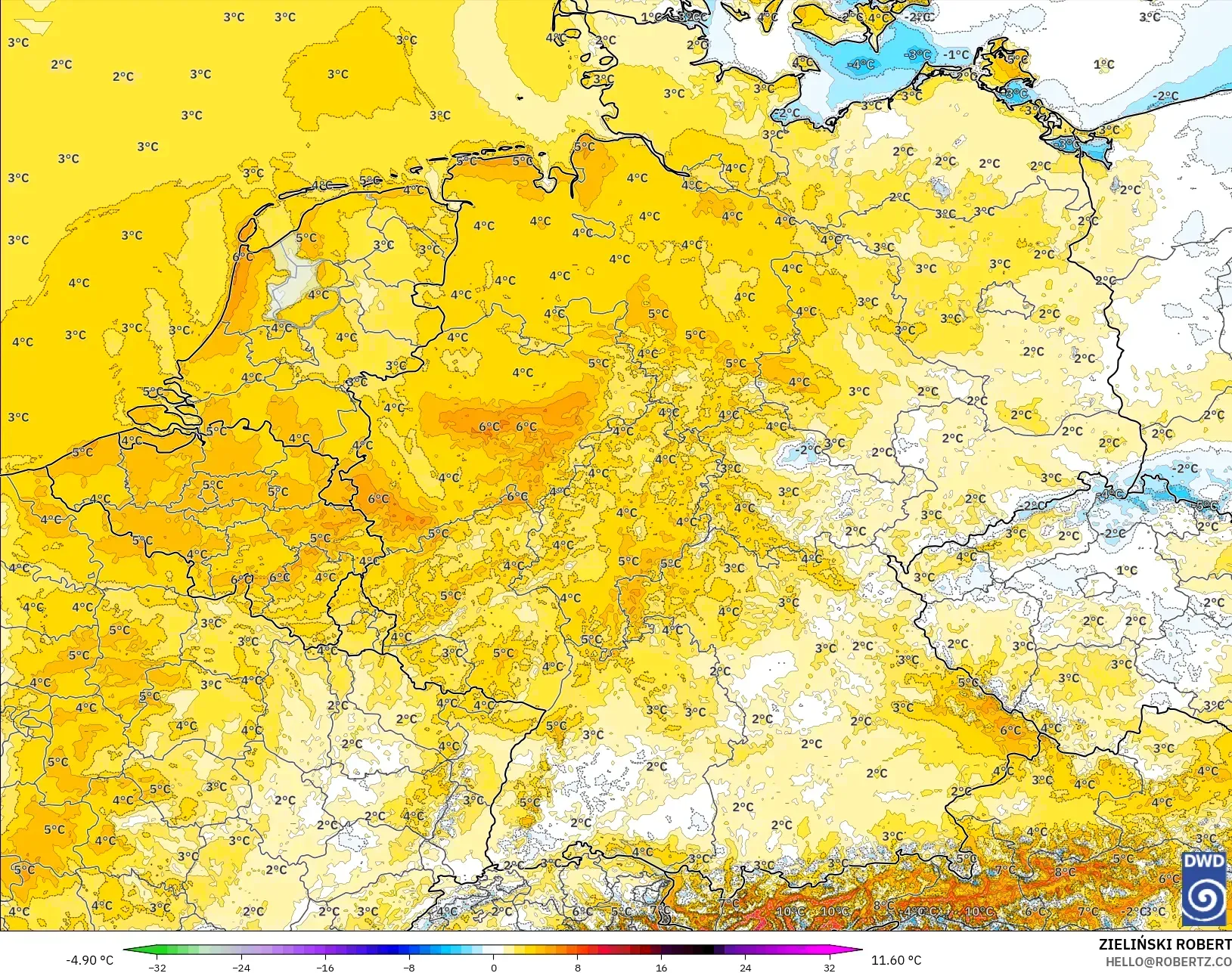 ICON Alemania 2 km modelo - Alemania, Anomalía de temperatura a 2 m