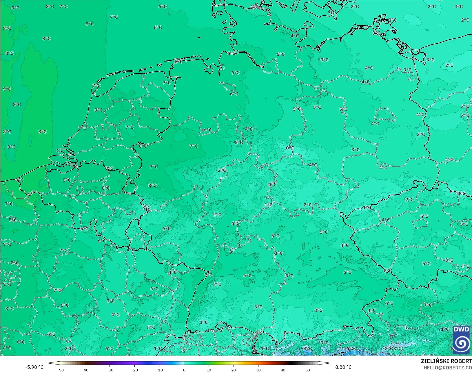 ICON Alemania 2 km modelo - Alemania, Temperatura a 850 hPa