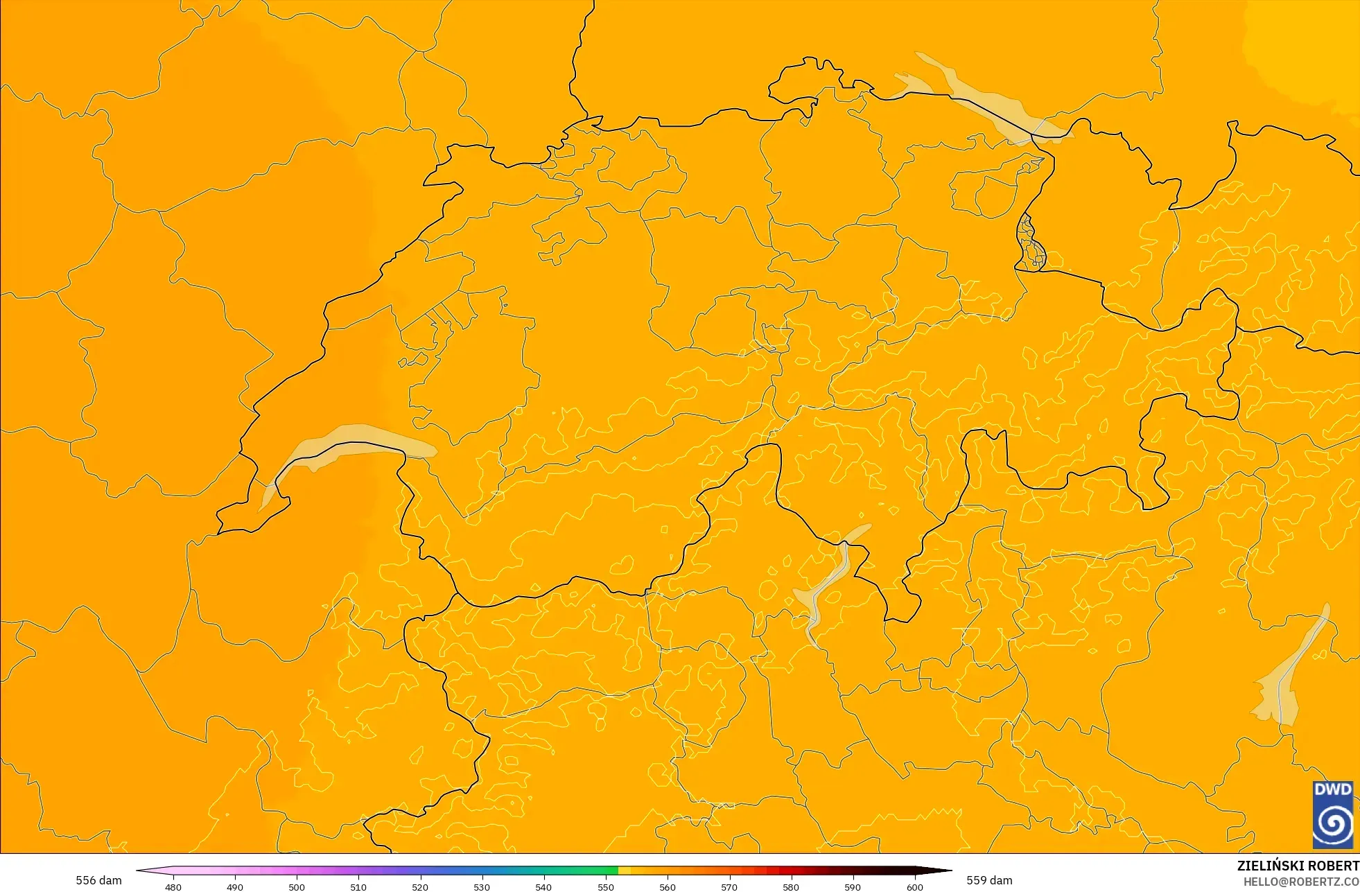ICON Alemania 2 km modelo - Suiza, Altura geopotencial a 500 hPa