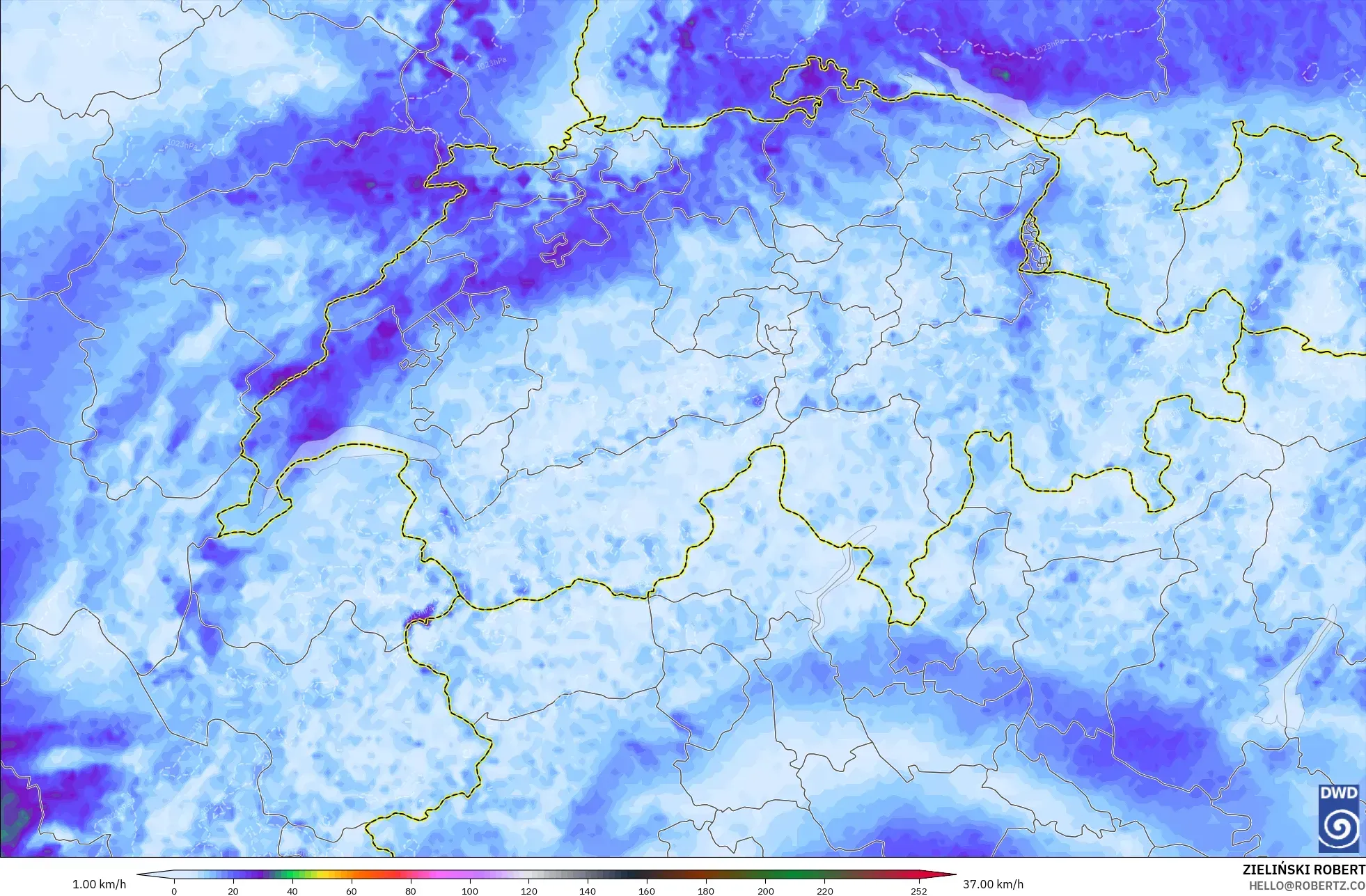 ICON Alemania 2 km modelo - Suiza, Ráfagas de viento
