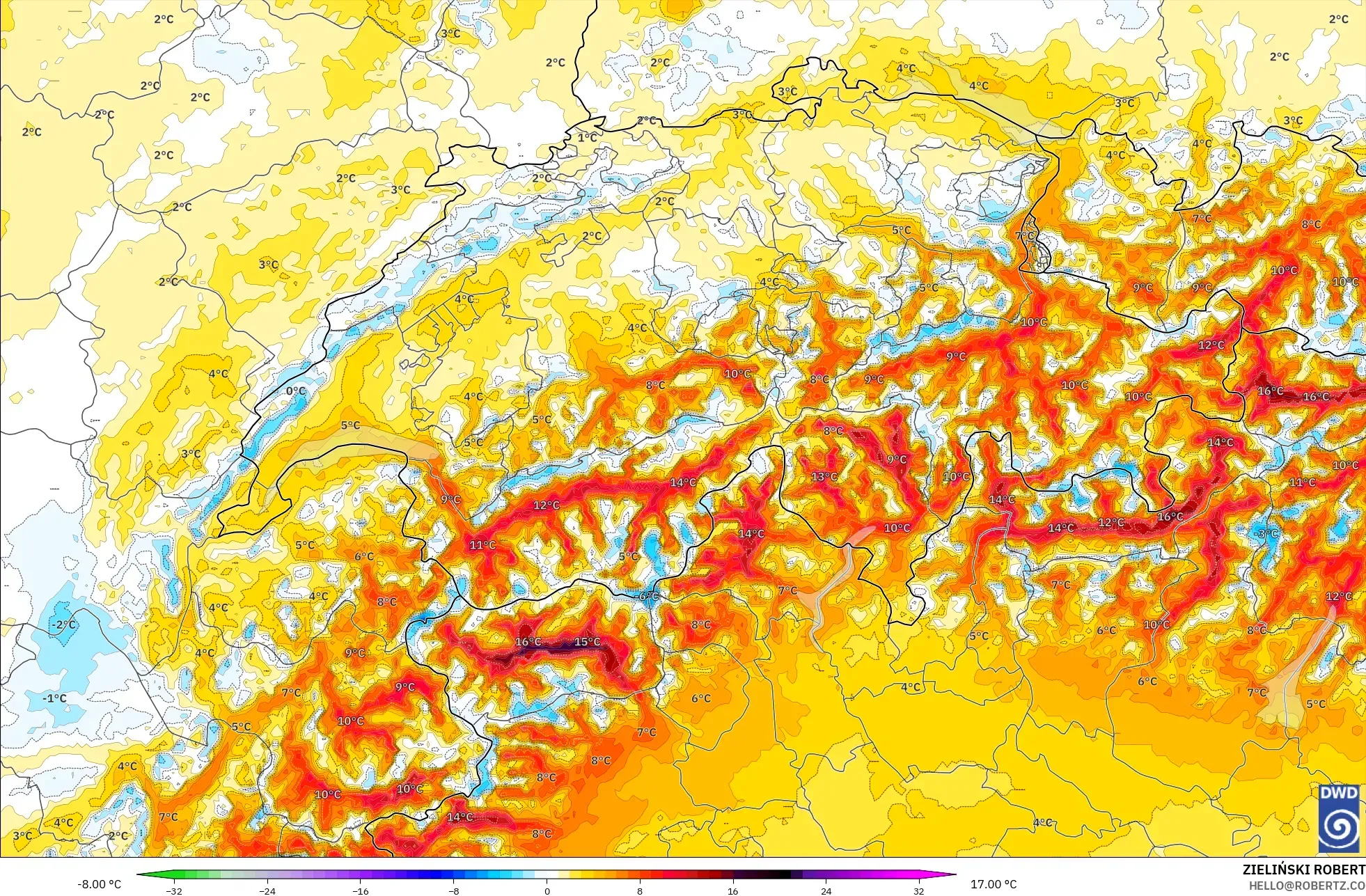 ICON Alemania 2 km modelo - Suiza, Anomalía de temperatura a 2 m