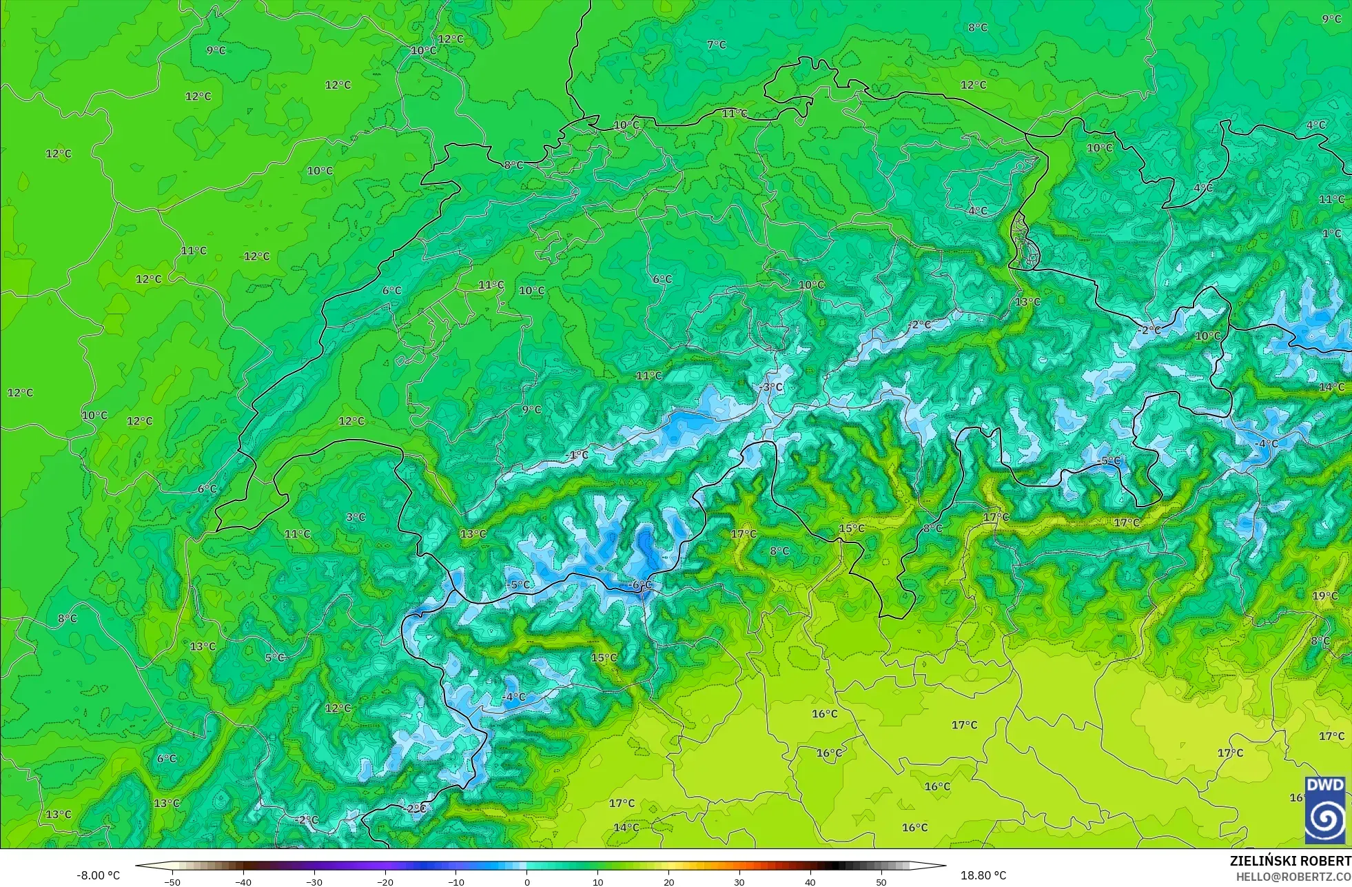 ICON Alemania 2 km modelo - Suiza, Temperatura a 2 m