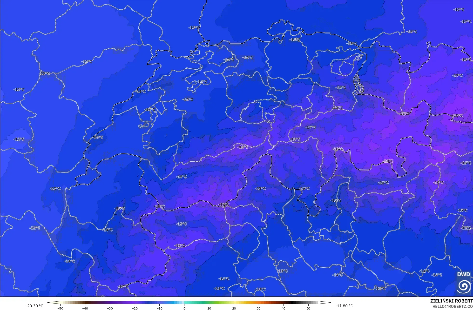 ICON Alemania 2 km modelo - Suiza, Temperatura a 500 hPa