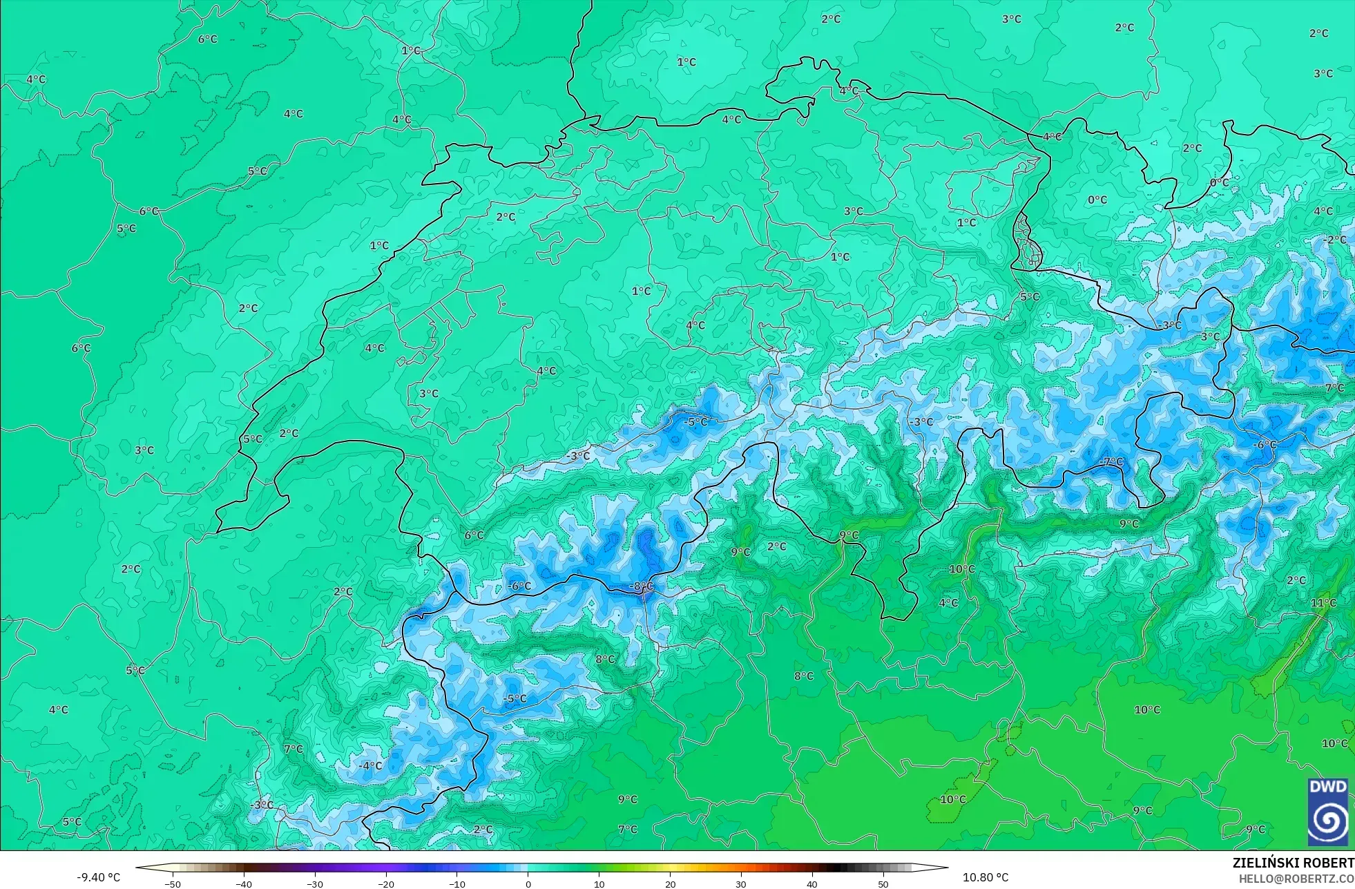 ICON Alemania 2 km modelo - Suiza, Temperatura a 850 hPa