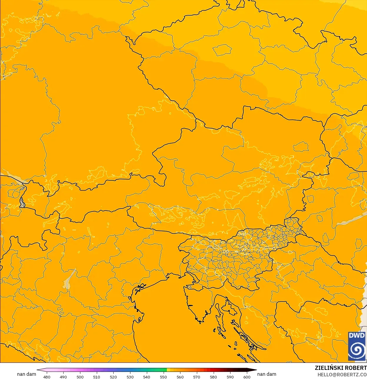 ICON Alemania 2 km modelo - Austria, Altura geopotencial a 500 hPa