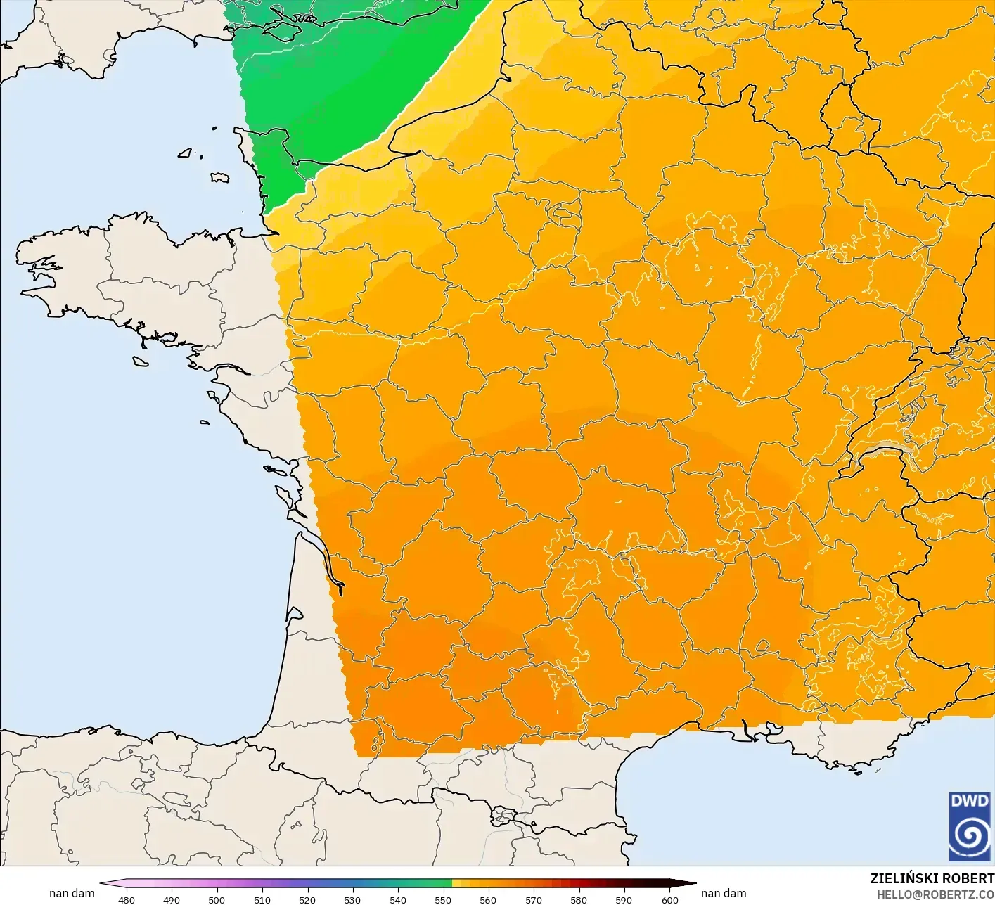 ICON Alemania 2 km modelo - Francia, Altura geopotencial a 500 hPa