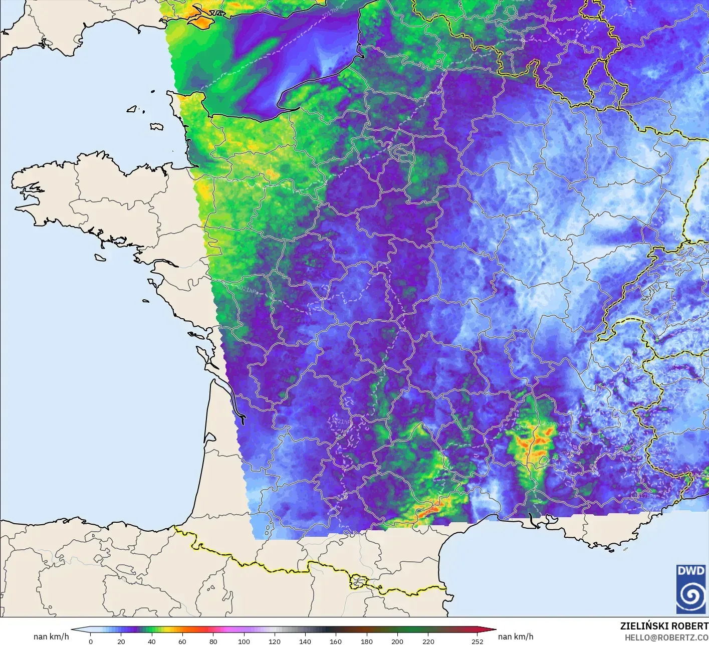 ICON Alemania 2 km modelo - Francia, Ráfagas de Viento Máximas