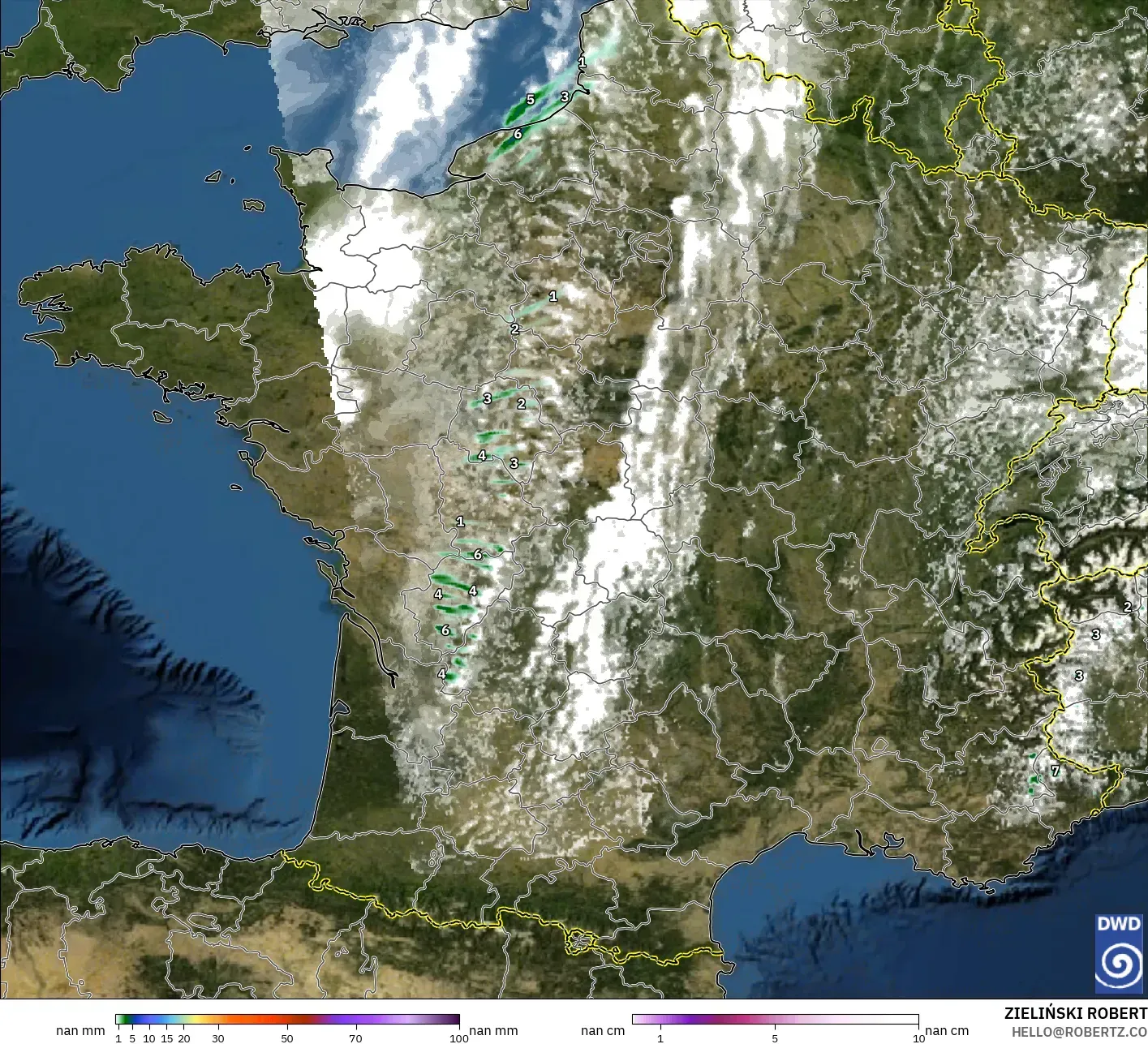 ICON Alemania 2 km modelo - Francia, Precipitación, nubes y presión