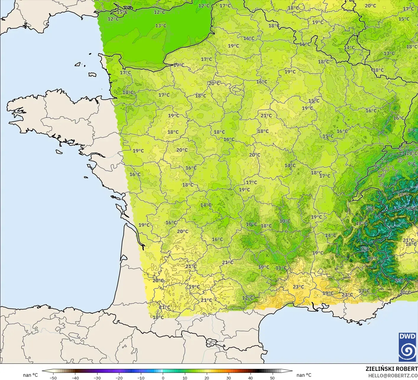 ICON Alemania 2 km modelo - Francia, Temperatura a 2 m