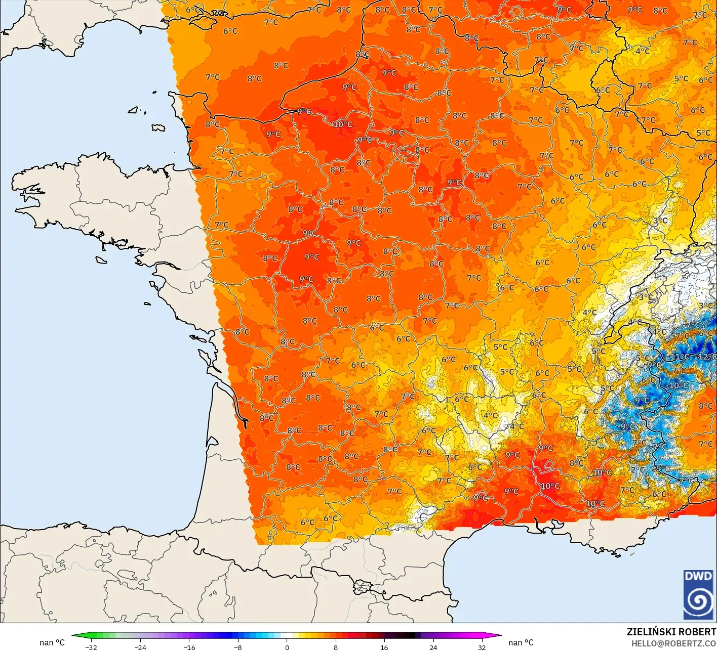 ICON Alemania 2 km modelo - Francia, Anomalía de temperatura a 850 hPa