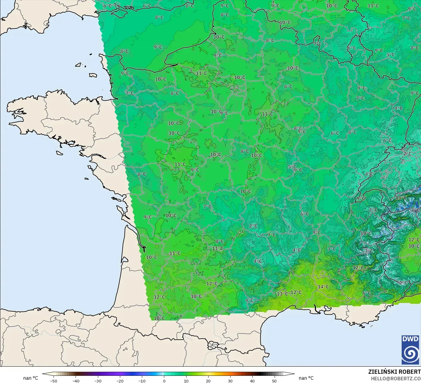 ICON Alemania 2 km modelo - Francia, Temperatura a 850 hPa