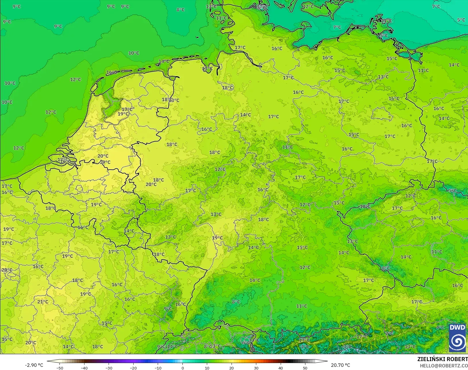ICON Alemania 2 km modelo - Alemania, Temperatura a 2 m