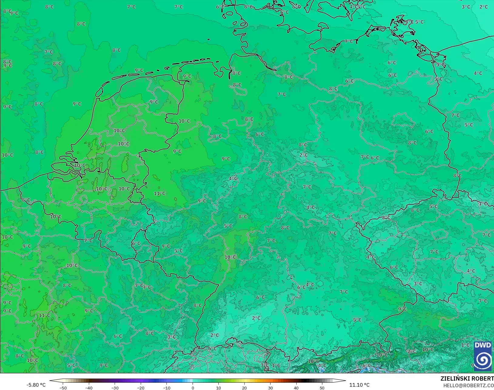 ICON Alemania 2 km modelo - Alemania, Temperatura a 850 hPa