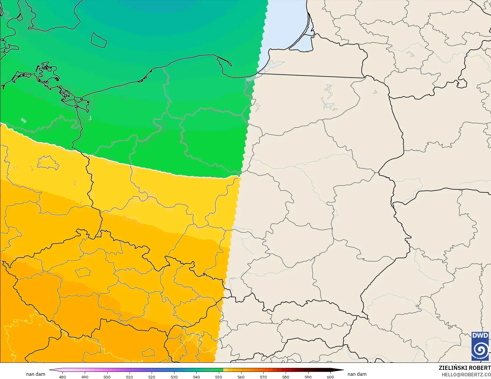 ICON Alemania 2 km modelo - Polonia, Altura geopotencial a 500 hPa
