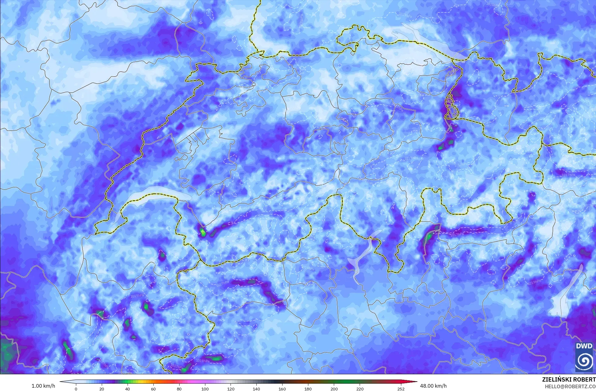 ICON Alemania 2 km modelo - Suiza, Ráfagas de Viento Máximas