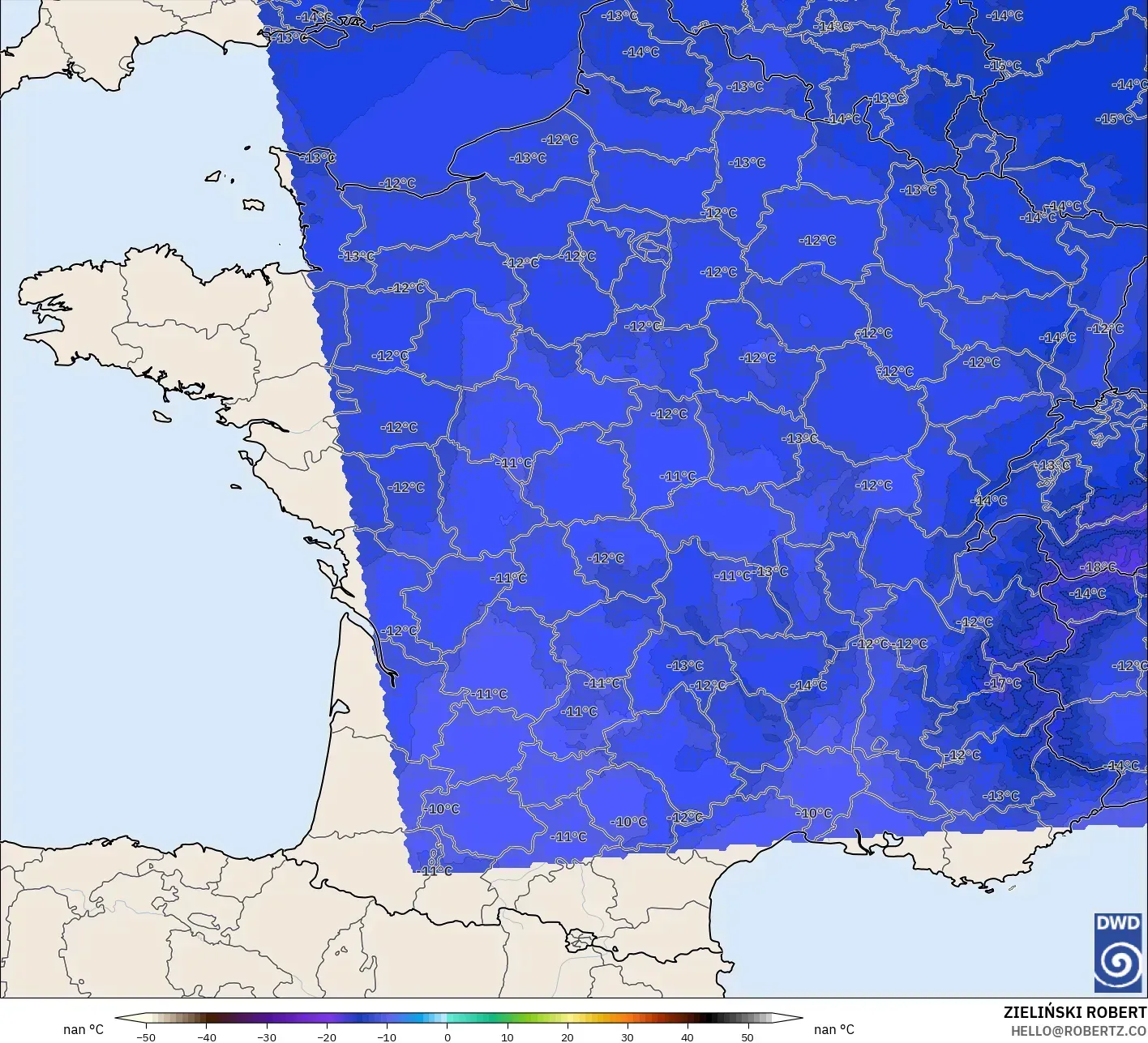 ICON Alemania 2 km modelo - Francia, Temperatura a 500 hPa