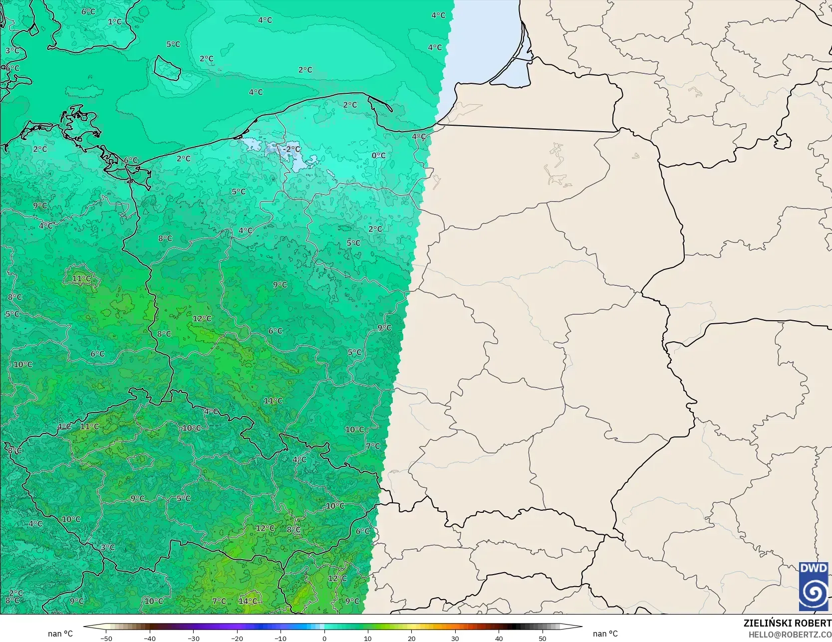 ICON Alemania 2 km modelo - Polonia, Temperatura a 2 m