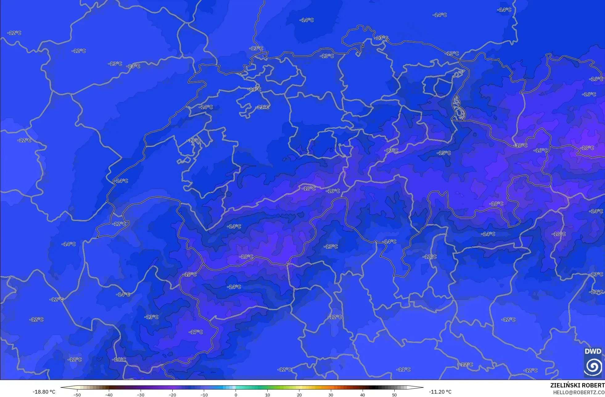 ICON Alemania 2 km modelo - Suiza, Temperatura a 500 hPa