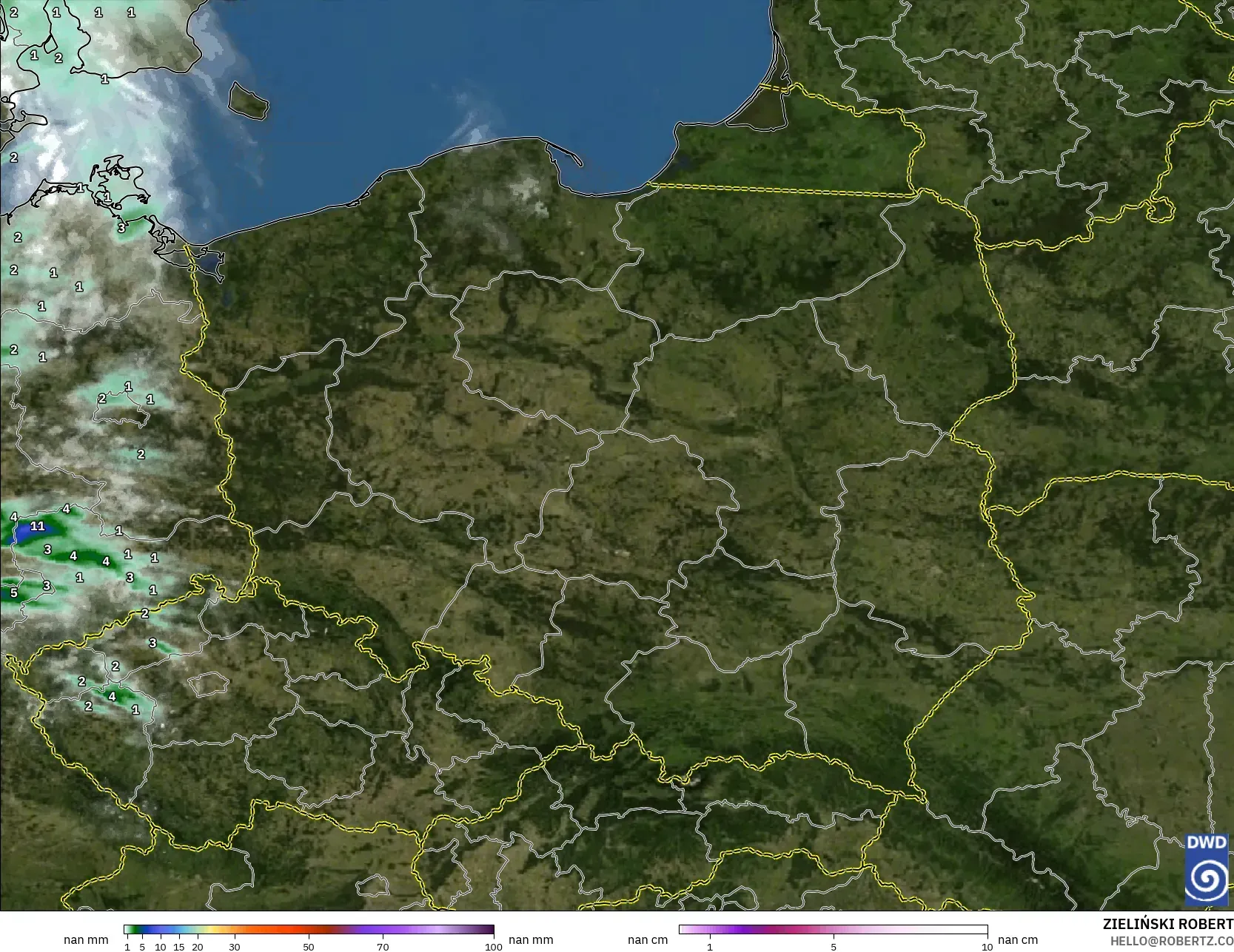 ICON Alemania 2 km modelo - Polonia, Precipitación, nubes y presión