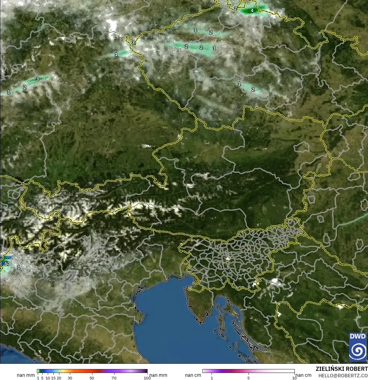 ICON Alemania 2 km modelo - Austria, Precipitación, nubes y presión