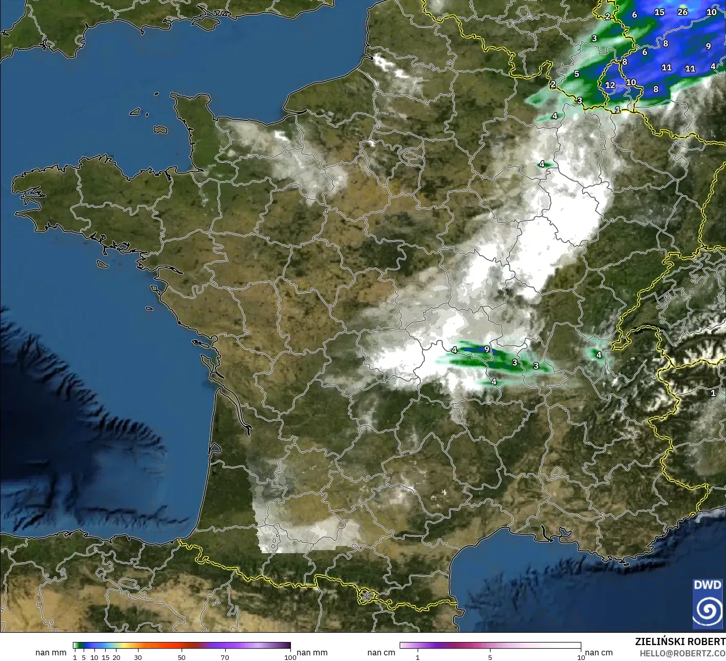ICON Alemania 2 km modelo - Francia, Precipitación, nubes y presión