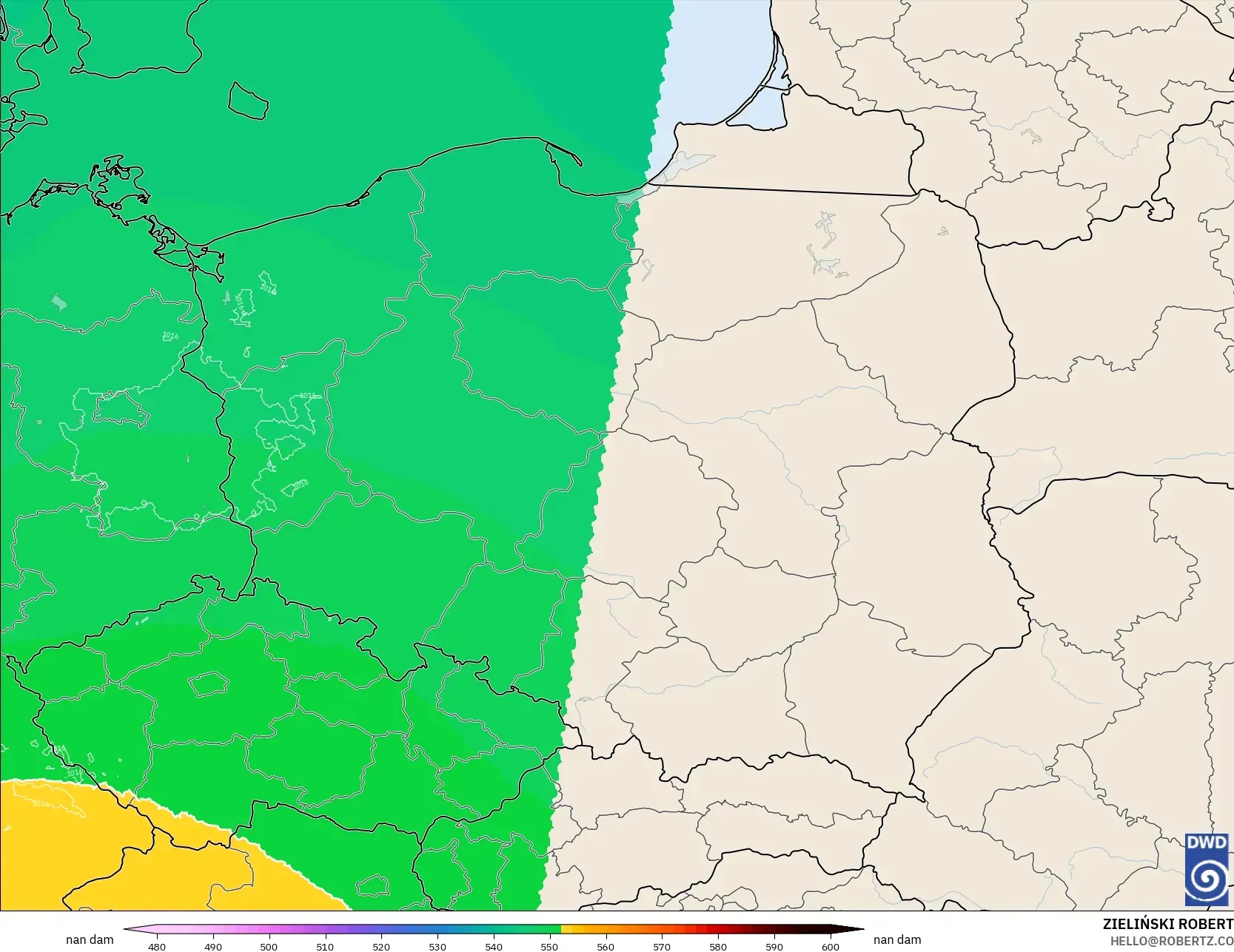 ICON Alemania 2 km modelo - Polonia, Altura geopotencial a 500 hPa