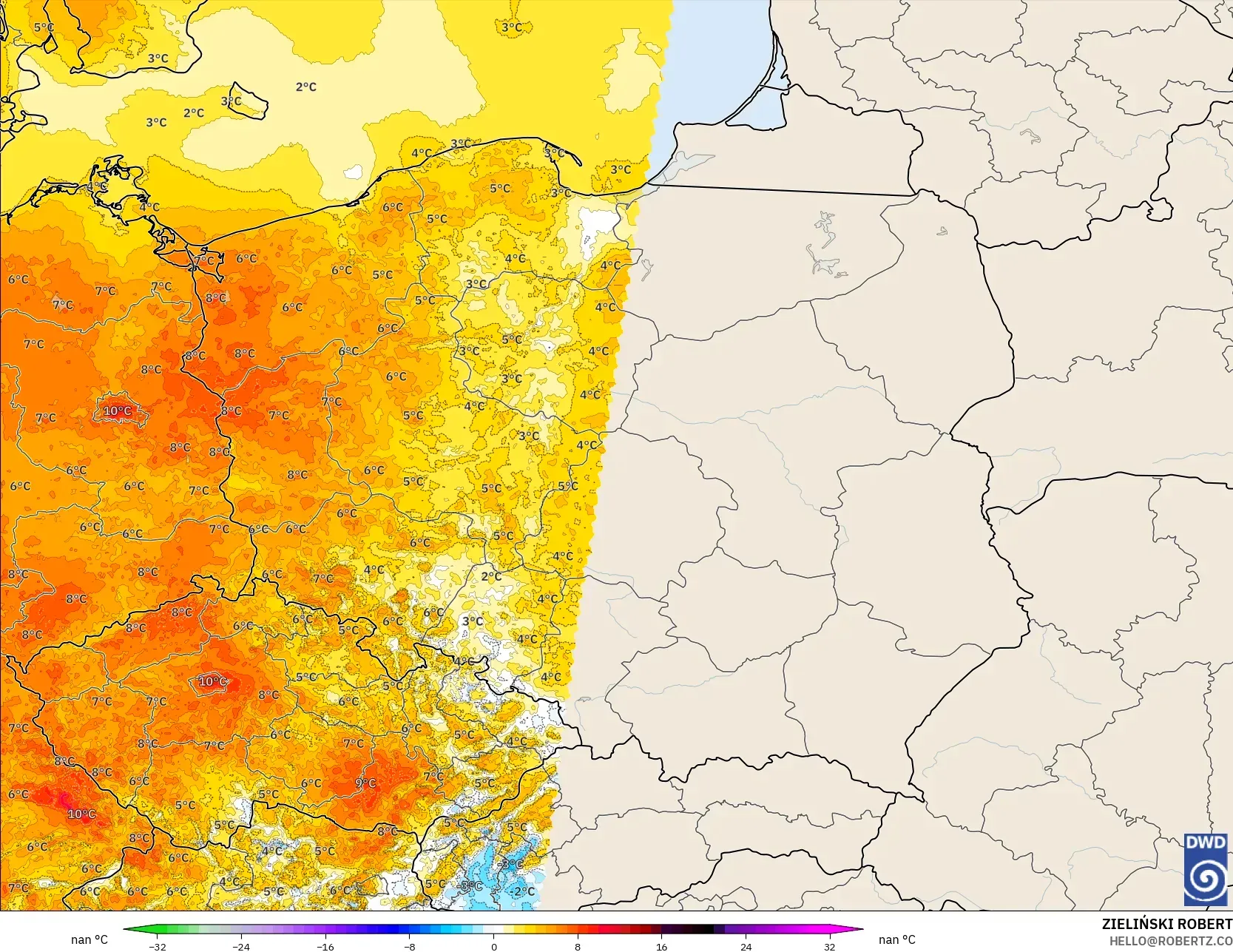 ICON Alemania 2 km modelo - Polonia, Anomalía de temperatura a 2 m