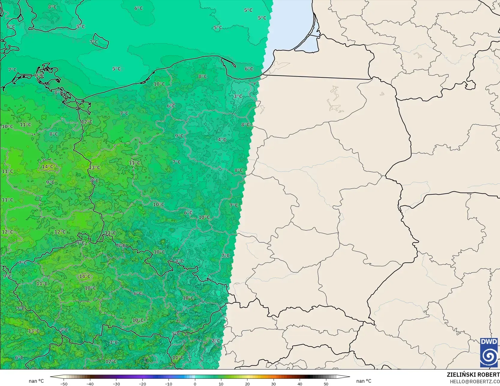 ICON Alemania 2 km modelo - Polonia, Temperatura a 2 m