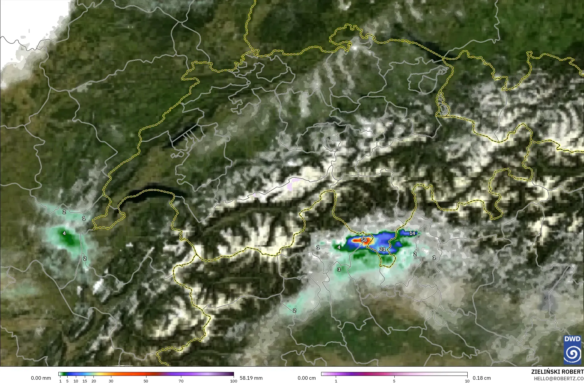 ICON Alemania 2 km modelo - Suiza, Precipitación, nubes y presión