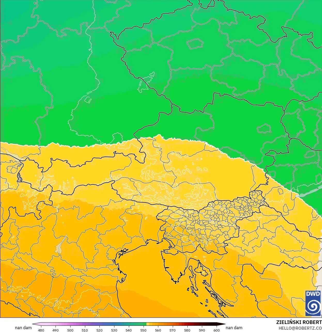 ICON Alemania 2 km modelo - Austria, Altura geopotencial a 500 hPa