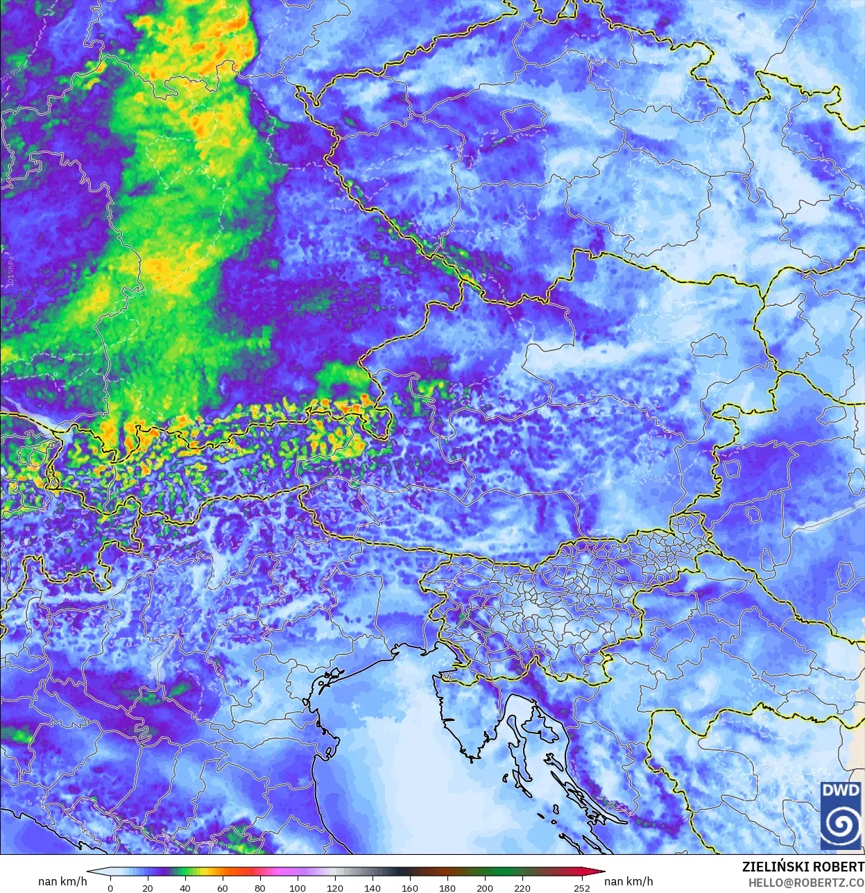 ICON Alemania 2 km modelo - Austria, Ráfagas de viento