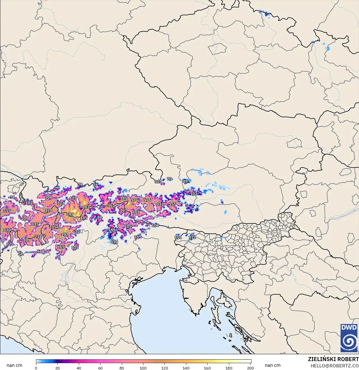 ICON Alemania 2 km modelo - Austria, Profundidad de nieve