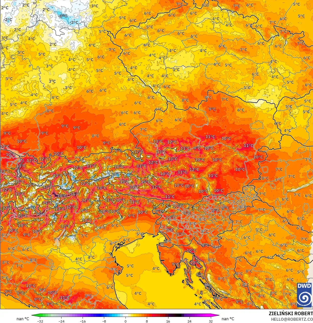 ICON Alemania 2 km modelo - Austria, Anomalía de temperatura a 2 m