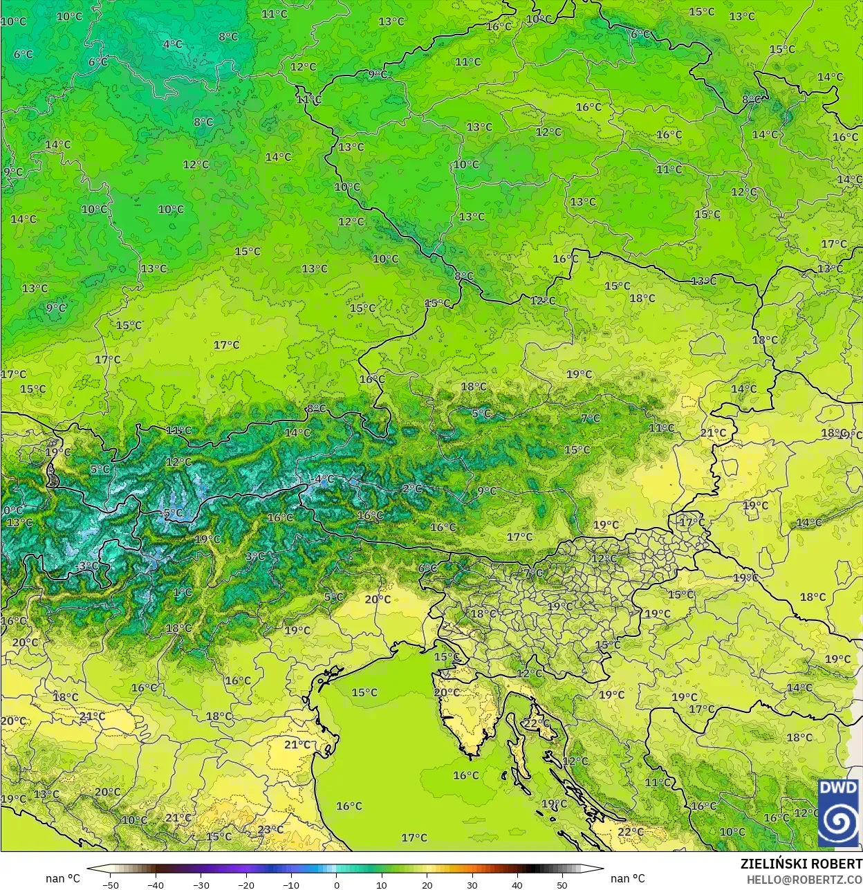 ICON Alemania 2 km modelo - Austria, Temperatura a 2 m